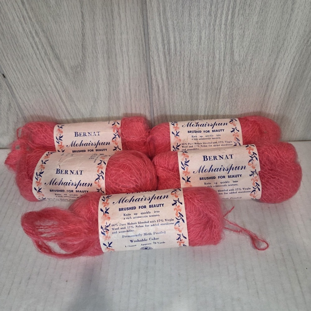 5 Vintage Bernat Mohairspun Brushed Blend With Wool & Nylon Wild Rose 1 oz